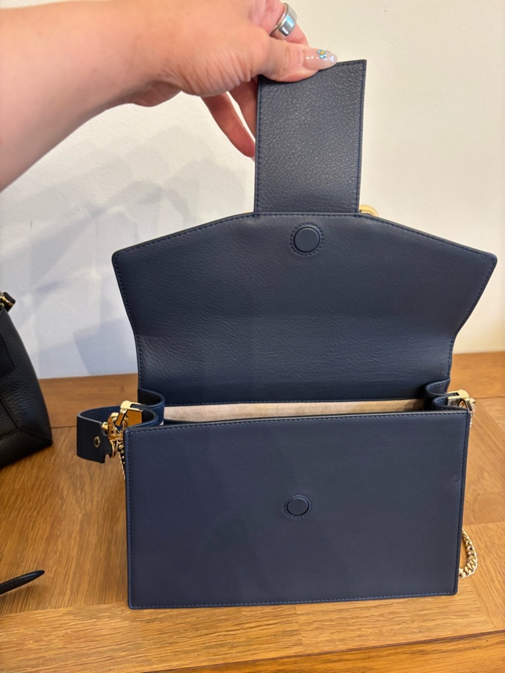 Strathberry Crescent Leather Shoulder Bag Navy Gold Hardware Crossbody - Picture 10 of 15
